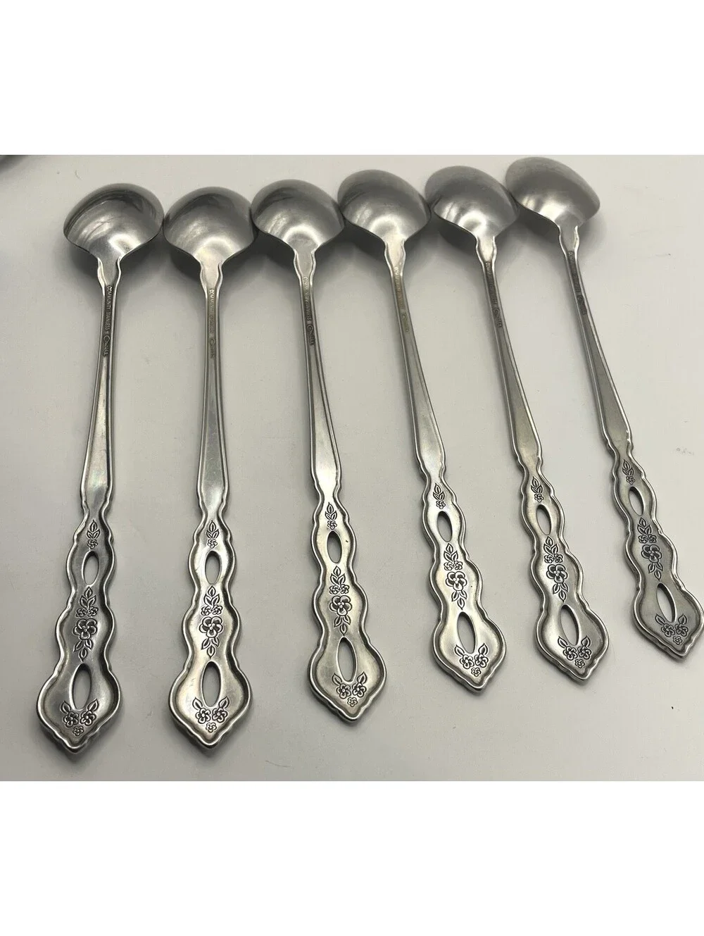 6- Oneida Community FANTASY Burnished Stainless Pierced Iced Tea spoon ~ 7 5/8”